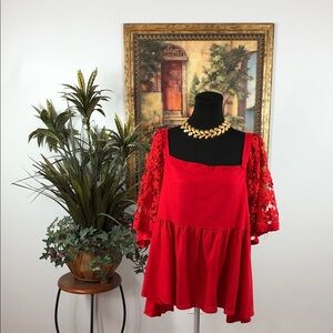 White Birch Women Red Lace Sleeve Blouse pleated Off the Shoulder Keyhole Back